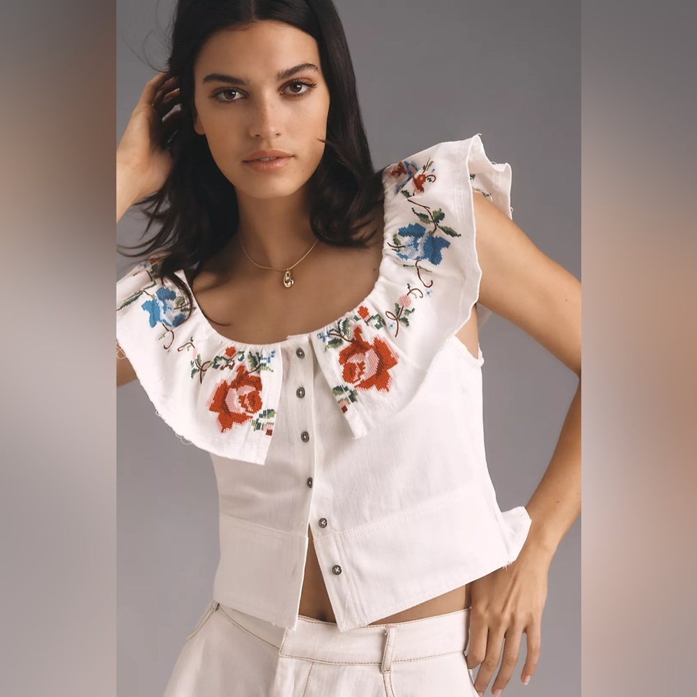 Embroidered White Ruffle-Sleeve Button Front Top - Picture 2 of 12